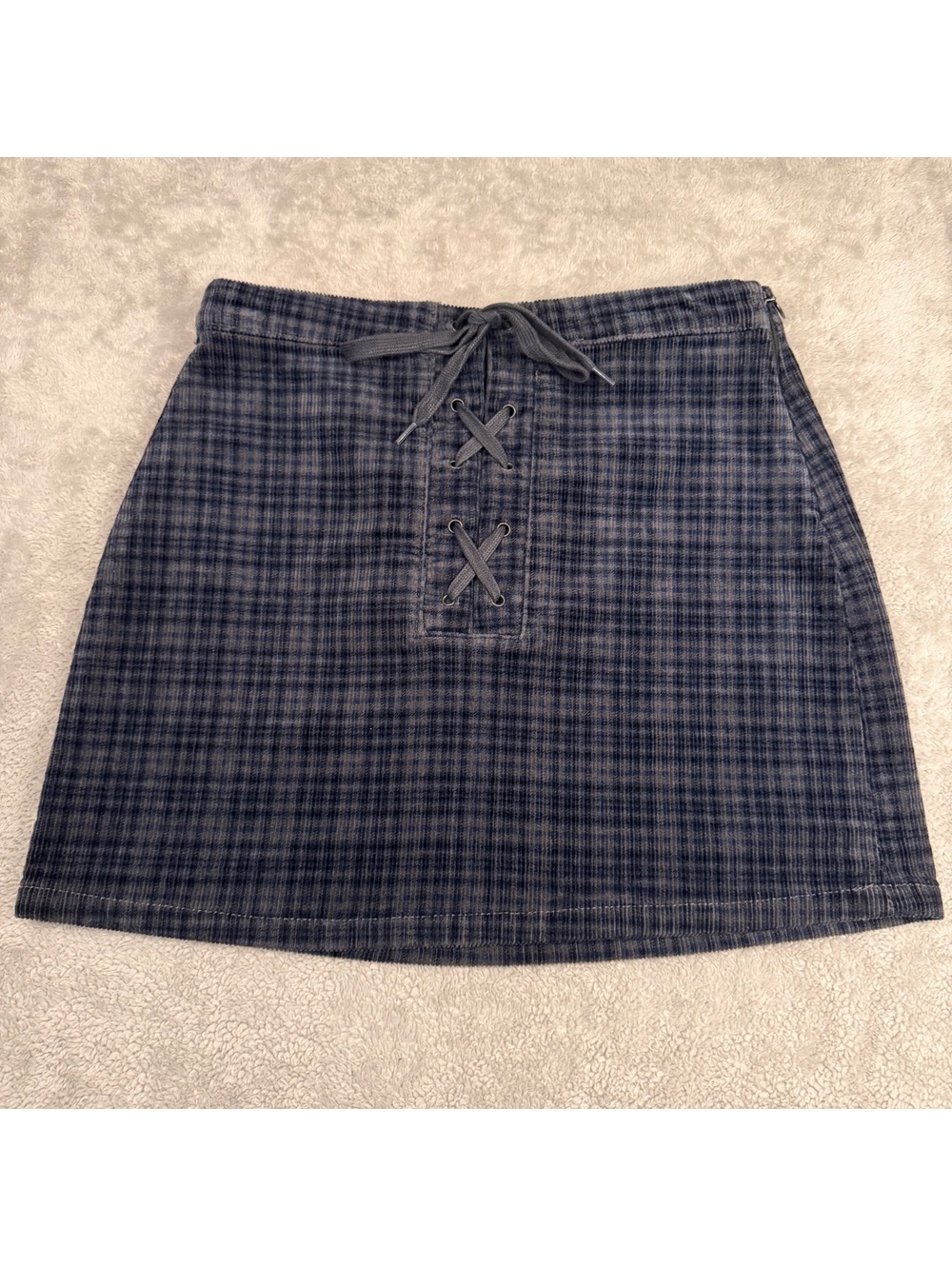 SO Women’s 3/26 Plaid Corduroy Mini Skirt Lace Up Y2K Preppy Navy Gray